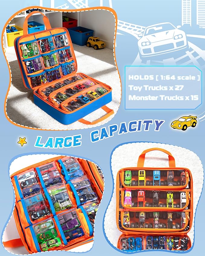 Storage Case Compatible with Hot Wheels Toy Trucks and Monster Trucks (Hold 66 Pcs), Toy Car Storage Case with Front Display Window, Blue