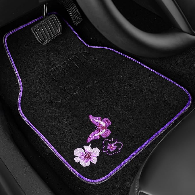 CAR PASS Butterfly Steering Wheel Cover and Waterproof Car Floor Mats,Purple Car Mats 14.5-15inch Steering Wheel Covers Universal Fit for Suvs,Sedans Cars,for Women Girl(Black and Purple)