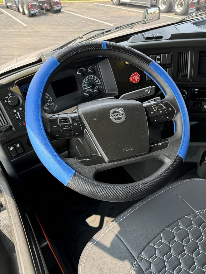 18-Inch Genuine Leather Steering Wheel Cover for Semi Trucks – Blue with Black Carbon Fiber Imitation, Heavy-Duty Non-Slip Grip, Universal Fit, Easy Installation