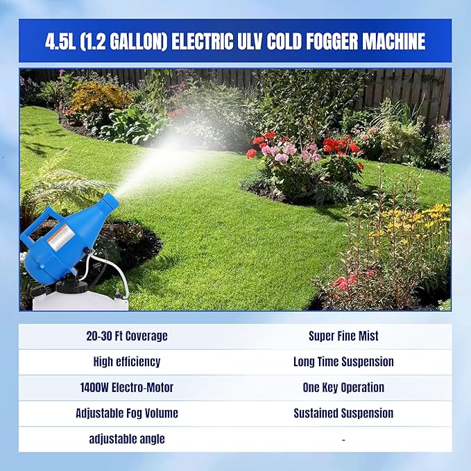 4.5L Electric ULV Fogger Sprayer 1.2 Gallon Portable Cold Mist Machine Spraying 30ft Spray Distance for Home, Yard, Garden, Patio, and Large Indoor Outdoor Spaces, 1 Pack