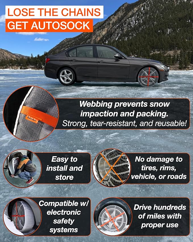 AutoSock Passenger Vehicle Snow Socks for Tires, HP870 - Car Sock Tire Traction Device for Snow, Ultimate Chain Alternative for Cars, SUVs & Pickup Trucks, Pack of 2