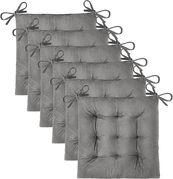 OVOV 6 Pack Chair Cushions for Dining Chairs Soft Seat Cushions for Kitchen Desk Chairs Square Chair Pads with Ties (15.5"x15.5" Light Grey)