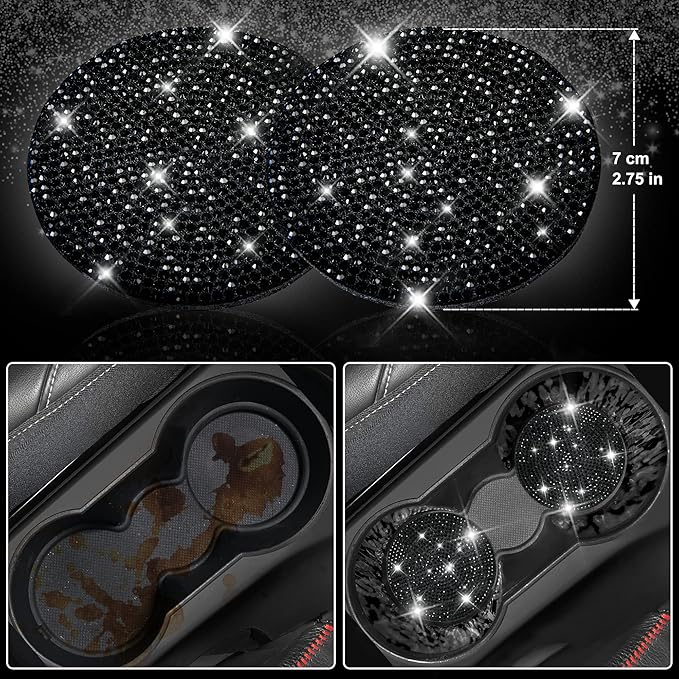 CAR PASS 11 PCS Bling Diamond Car Accessories for Women, Sparkly Rhinestone Steering Wheel Cover, Bling Seat Belt Cushion, Glitter Shift Knob Cover, Car Cup Holder Coaster, Cute Interior Sets Black