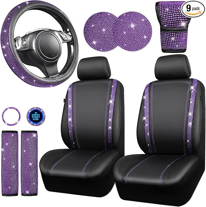 CAR PASS Bling Diamond Leather Car Seat Covers 11 PCS, Sparkly Rhinestone Steering Wheel Cover Glitter Cute Interior Car Accessories Sets Seat Belt Cushion Cup Holder Coaster Women Girl, Violet Purple