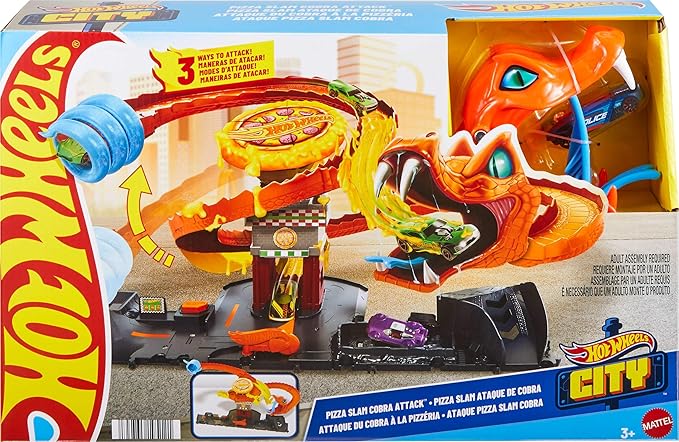 Hot Wheels City Toy Car Track Set, Pizza Slam Cobra Attack Playset, Snake Tail Spiral with Randomizer, 1 Vehicle in 1:64 Scale