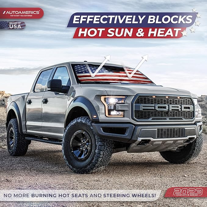 Autoamerics 1-Piece Windshield Sun Shade Grunge American Flag - 3 USA Design - Foldable Car Front Window Sunshade for Most Sedans SUV Truck - Blocks Max UV Rays and Keeps Your Vehicle Cool - Large