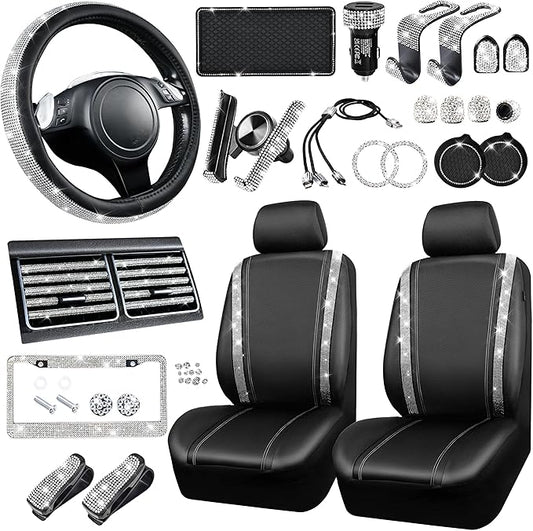 CAR PASS 34 PCS Bling Diamond Car Accessories Set for Women, Leather Car Seat Covers Steering Wheel Covers 15'', USB Charger Phone Holder Shining Rhinestone Sparkly, Cute Interior Decorations, Silver
