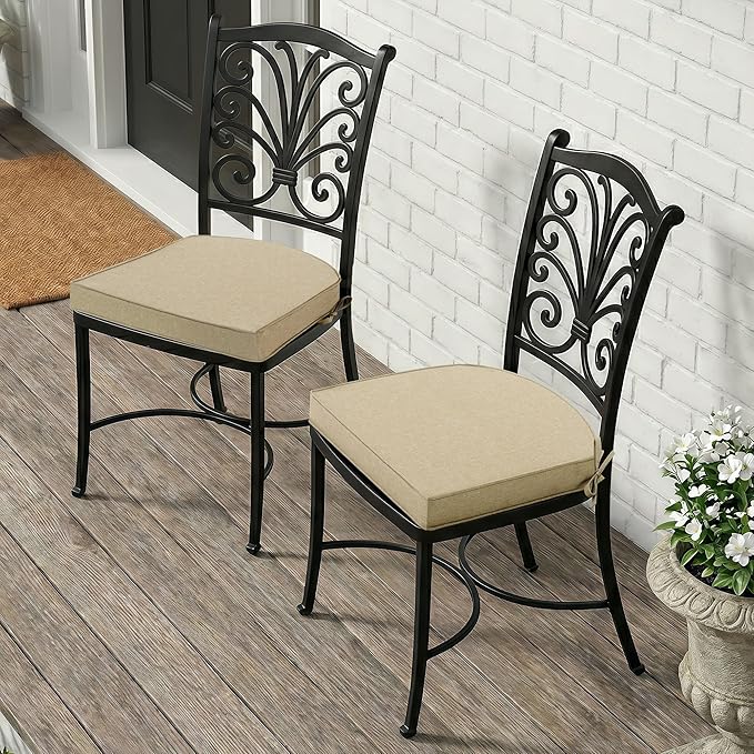 Outdoor Chair Cushions, Fade-Resistant & Water-Resistant, D Shaped Patio Furniture Seat Chair Pads Replacement with Ties, Non-Slip Bottom, Removable Cover, Set of 2, 17 x 16 Inch, Natural