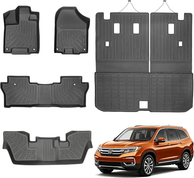 Floor Mats for 2016-2022 Honda Pilot 7 Seats (No Elite Models) All Weather Trunk Mat Cargo Mat TPE Trunk Liner Back Seat Cover Pilot Accessories (Floor Liner+Cargo Liner with Backrest Mat)