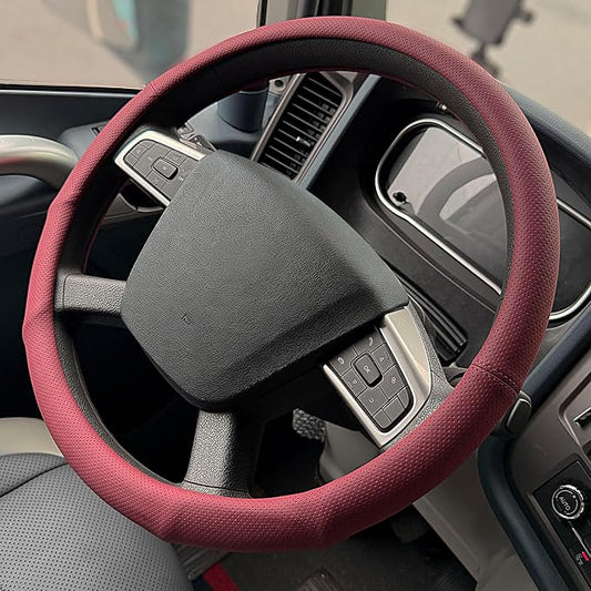 PINCTROT XL 17.5-18in Nappa Leather Supported Grip Steering Wheel Cover for Semi Truck, Fits RV, Big Rig Trucker, 18 Wheeler and Classic Cars, Anti-Slip Perforated Design 17.5-18 Inch (Burgundy Red)