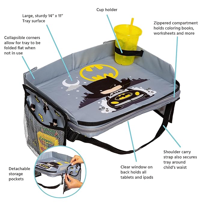 J.L. Childress Warner Bros. 3-IN-1 Kids Travel Tray & Tablet Holder - Car Seat Lap Tray Desk for Toddlers, Road Trip Essentials, Car Seat Activity Table, Travel Accessories - Batman