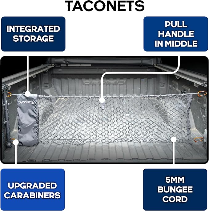 Envelope Cargo Net for GMC Sierra & Chevy Silverado - Fits 2013-Current - Upgraded 5mm Bungee - Integrated Storage Bag - Heavy Duty Carabiners - Designed in USA
