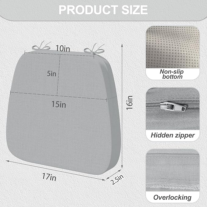 Iristykilin17'' x 16'' x 2.5"Thick Chair Cushions for Dining Chairs, 8 Pack WaterProof Easy Clean Kitchen Chair Pads with Ties and Non-Slip Backing - 30D High Elastic Foam Soft Kitchen Chair Cushions
