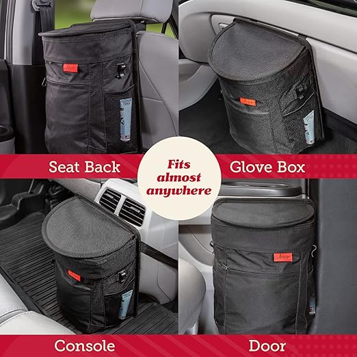 Lusso Gear Spill-Proof Car Trash Can (2 Pack) - Easy to Clean Hanging Garbage Bin - Leak-Proof, Removable Liner, Waterproof - Keeps Truck, SUV, Car, Minivan Clean & Odor Free (Black, Red Stitching)