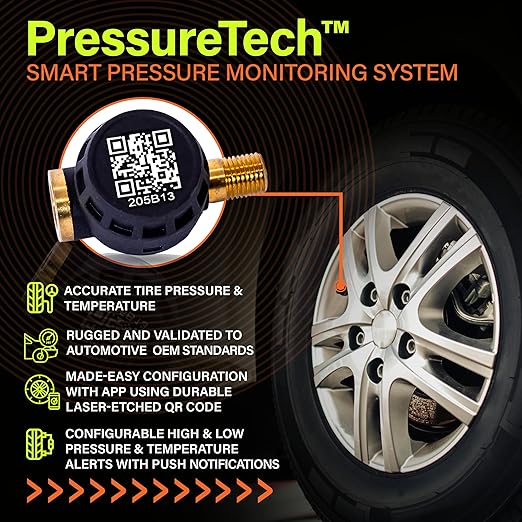 PressureTech Wireless Tire Pressure Monitoring System - TPMS Sensors for Automobiles, Motorcycles, Powersport Vehicles, RVs, Trailers - Real-Time Display w/iOS or Android App (0-150 PSI) (Pack of 2)