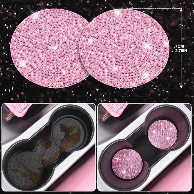 CAR PASS 11 PCS Bling Car Accessories Set for Women, Sparkly Rhinestone Diamond Steering Wheel Cover, Bling Seat Belt Cushion, Shift Knob Cover, Push Start Button Ring, Car Cup Holder Coaster, Pink