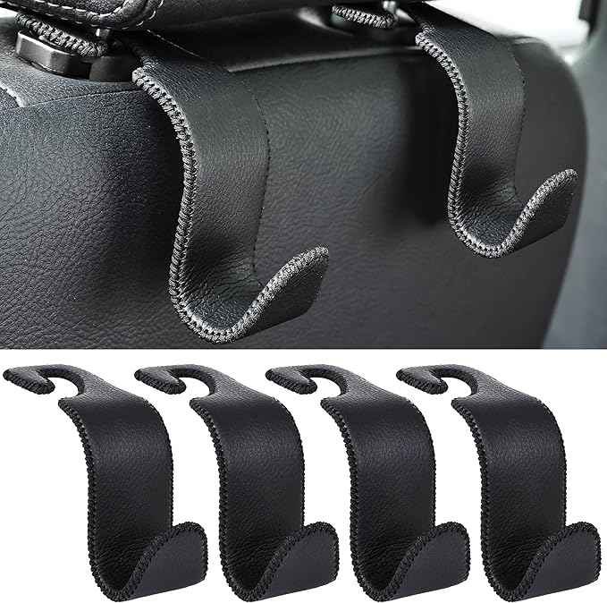 Amooca Car Seat Headrest Hook 4 Pack Metal Core Hanger Universal Car Storage Organizer for Handbag Purse Coat S Type Leather Black
