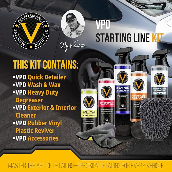 VPD Starting Line Kit - Complete Auto Care Set with Heavy Duty Degreaser, Wash & Wax, Quick Detailer, Interior & Exterior Cleaner, Rubber Vinyl Plastic Reviver, Microfiber Towels, Applicators & Mitts