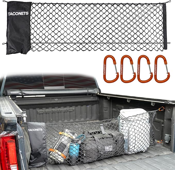 Envelope Cargo Net for GMC Sierra & Chevy Silverado - Fits 2013-Current - Upgraded 5mm Bungee - Integrated Storage Bag - Heavy Duty Carabiners - Designed in USA