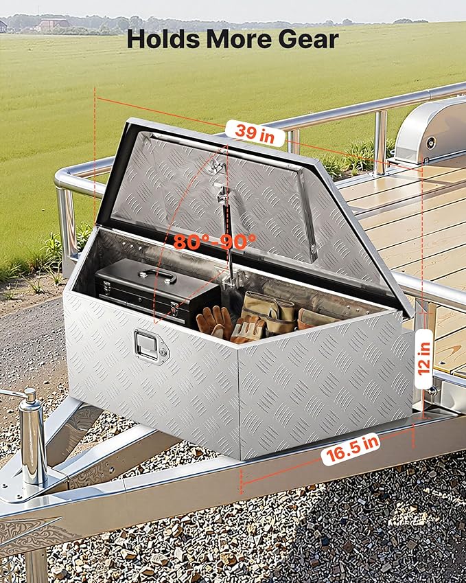 VEVOR Trailer Tongue Box, Heavy Duty Trailer Tongue Tool Box Storage Organizer with Lock & Keys, Utility Tool Chest for Pickup Truck Bed, RV, SUV, Off-Road Vehicle, Aluminum, 39" x 16.5" x 12", Silver