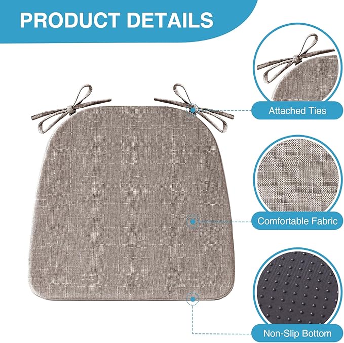 IASEAHK Chair Cushions for Dining Chairs Set of 4, Non Slip Kitchen Chair Pads, 17" x 16" x 2", Indoor Dining Chair Cushions with Ties, D-Shaped Seat Cushions for Kitchen Chairs, Light Brown