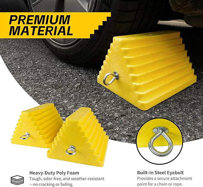 MaxxHaul 51169 Polyfoam Wheel Chocks with Steel Eyebolt – 2-Pack – 10″ × 8″ × 6″ Heavy-Duty Structural Foam – Bright Yellow – Vehicle & Trailer Safety for Cars, Trucks, RVs, Boats, ATVs