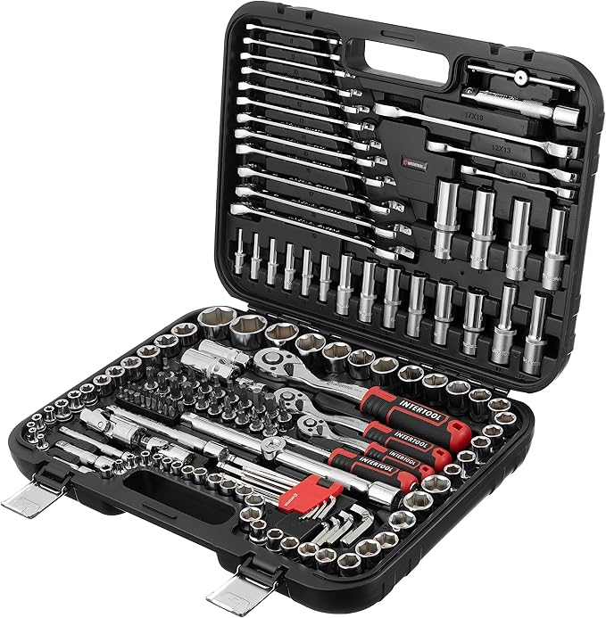 INTERTOOL Metric Socket Set, 1/4” 3/8” 1/2” Drive, 156-Piece, Ratchet Box Wrenches, Quick Release Ratchets, Extensions, Adapters, Security Bits, Screwdriver, Hex Keys, Hard Case, Tool Gift, ET08-8156