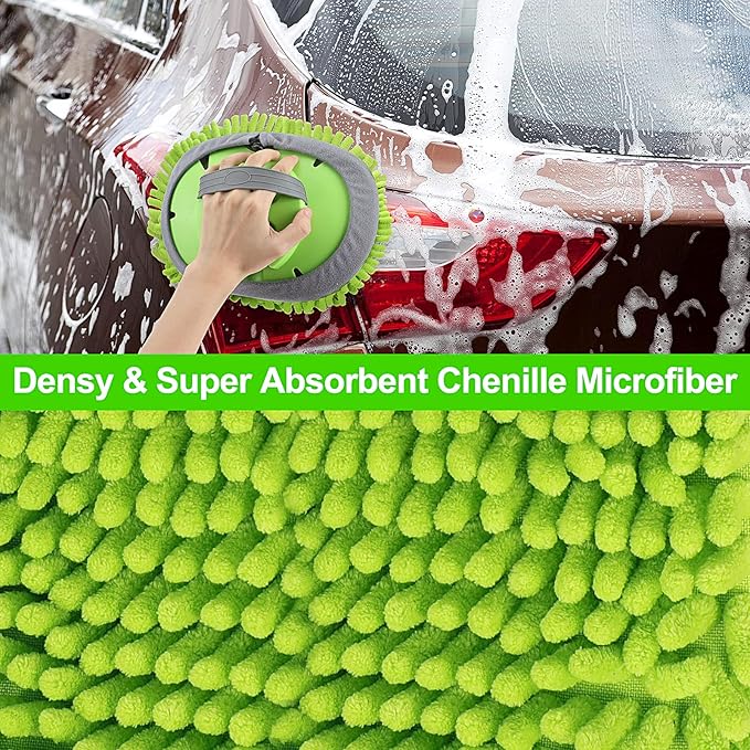 62'' Car Wash Brush with Long Handle Chenille Microfiber Car Wash Mop Mitt Kit Scratch-Free Car Cleaning Brush Care Kits with Replacement Head Supplies for Cars RV Truck Boat