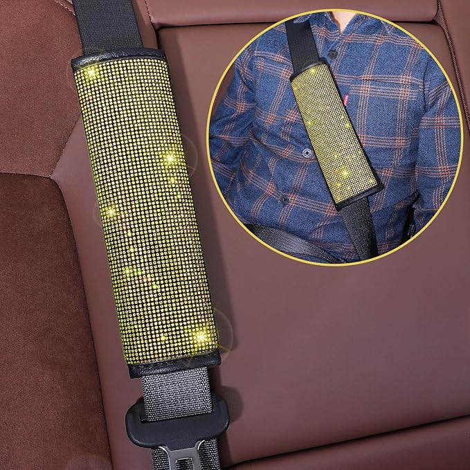 Steering Wheel Cover Set 15 inch,7 Pack Crystal Rhinestone Diamond Yellow Bling Car Accessories Set,Seat Belt Cover,Bling Gear Shift Cover,Puch Start Ring,Car Cup Coaster,Yellow