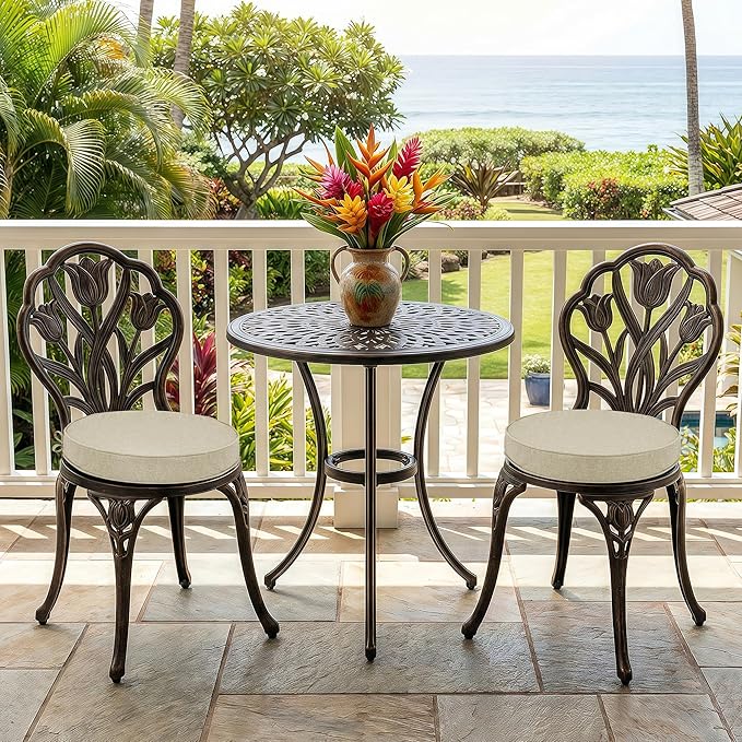 Outdoor Round Chair Cushions 15 Inch, Fade-Resistant & Water-Resistant, Bistro Chair Seat Pads for Porch Garden Balcony Patio Furniture Stools, Non-Slip Bottom, Set of 2, Beige