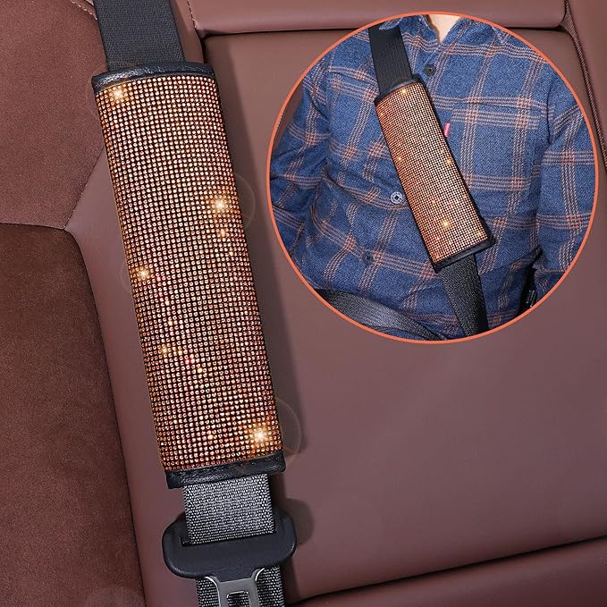 Steering Wheel Cover Set 15 inch,7 Pack Crystal Rhinestone Diamond Orange Bling Car Accessories,Seat Belt Cushion,Bling Shift Knob Cover,Puch to Start Ring,Car Cup Coaster,Orange