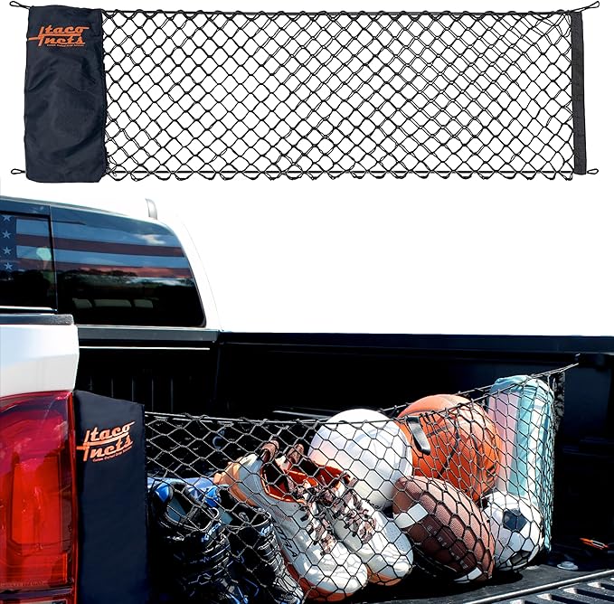Envelope Cargo Net for Toyota Tacoma - Fits 2005-Current - Patented Bed Rail Integration - Upgraded 5mm Bungee - Integrated Storage Bag - Heavy Duty Carabiners - Designed in USA