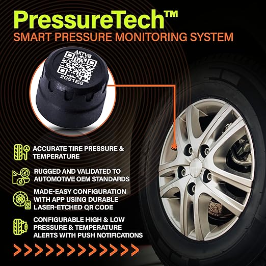 PressureTech Wireless Tire Pressure Monitoring System - TPMS Sensors for Automobiles, Motorcycles, Powersport Vehicles, RVs, Trailers - Real-Time Display w/iOS or Android App (0-150 PSI) (Pack of 2)