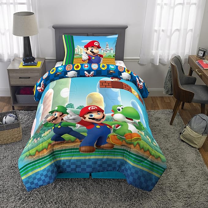 Super Mario Kids Twin Size Bedding, 4 Piece Super Soft Cozy Reversible Comforter and Sheet Set, (Officially Licensed Product) By Franco