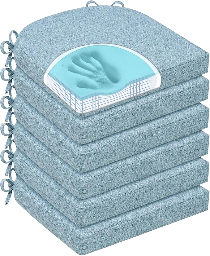 Chair Cushions for Dining Chairs, Non Slip Chair Pads with Ties and Covers, Memory Foam Kitchen Chair Cushions Set of 6, 16"X16"X2.5", Light Blue