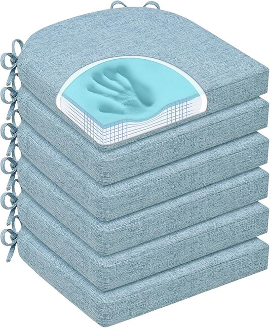 Chair Cushions for Dining Chairs, Non Slip Chair Pads with Ties and Covers, Memory Foam Kitchen Chair Cushions Set of 6, 16"X16"X2.5", Light Blue