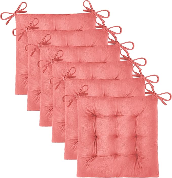 OVOV 6 Pack Chair Cushions for Dining Chairs Soft Seat Cushions for Kitchen Desk Chairs Square Chair Pads with Ties (15.5"x15.5" Pink)