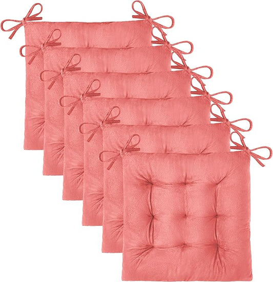 OVOV 6 Pack Chair Cushions for Dining Chairs Soft Seat Cushions for Kitchen Desk Chairs Square Chair Pads with Ties (15.5"x15.5" Pink)