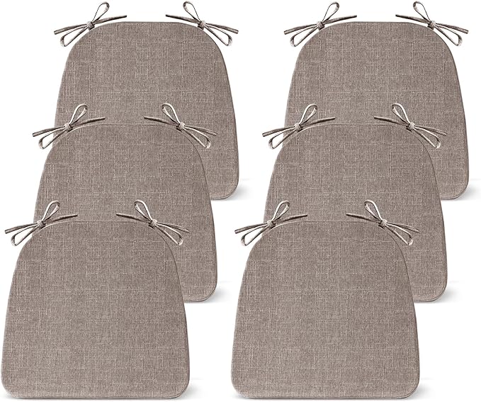 IASEAHK Chair Cushions for Dining Chairs Set of 6, Non Slip Kitchen Chair Pads, 17" x 16" x 2", Indoor Dining Chair Cushions with Ties, D-Shaped Seat Cushions for Kitchen Chairs, Light Brown