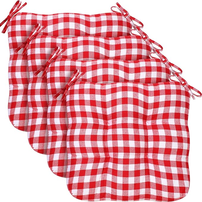Geetery 4 Pack Chair Cushions for Dining Chairs, 16" x 15" Red and White Kitchen Chair Cushions with Ties Buffalo Plaid Soft Comfy Seat Pads for Home Office Living Room Outdoor Indoor
