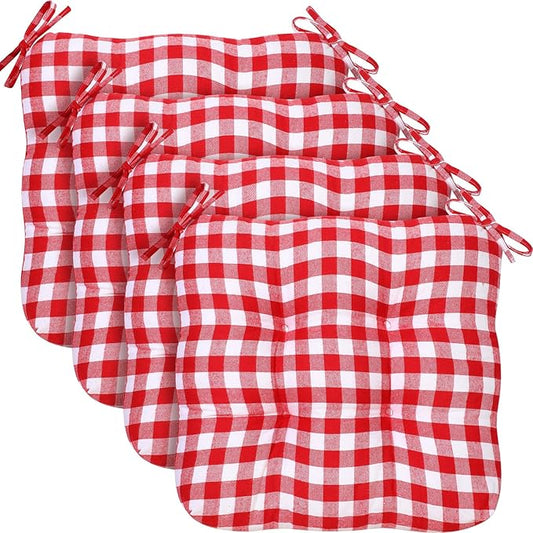 Geetery 4 Pack Chair Cushions for Dining Chairs, 16" x 15" Red and White Kitchen Chair Cushions with Ties Buffalo Plaid Soft Comfy Seat Pads for Home Office Living Room Outdoor Indoor