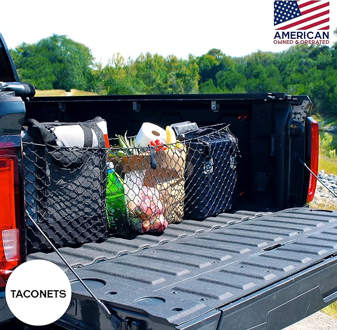 Envelope Cargo Net for GMC Sierra & Chevy Silverado - Fits 2013-Current - Upgraded 5mm Bungee - Integrated Storage Bag - Heavy Duty Carabiners - Designed in USA