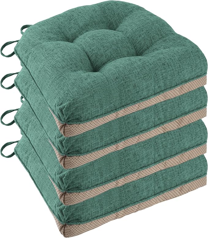 Non Slip Chair Cushions for Dining Chairs Set of 4 Kitchen Chair Cushions 18"x18"x3" Turfted Chair Pads Comfortable and Soft Seat Cushion with Ties, Green