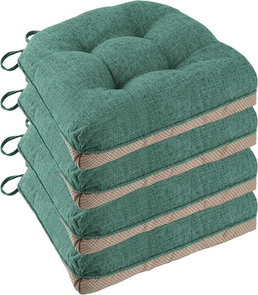 Non Slip Chair Cushions for Dining Chairs Set of 4 Kitchen Chair Cushions 18"x18"x3" Turfted Chair Pads Comfortable and Soft Seat Cushion with Ties, Green