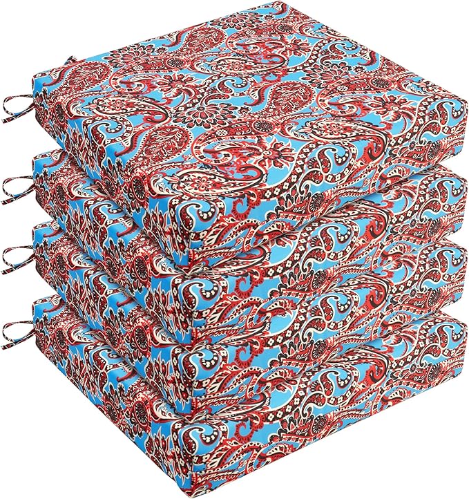 UNIKOME Outdoor Chair Cushions Pack of 4, Water Resistant Patio Cushions with Ties, High Density Sponge Filling Square Corner Seat Cushions for Outdoor Furniture, 24"*24"*4", Brown Paisley