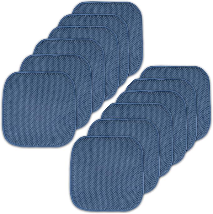 Sweet Home Collection Memory Foam Chair Cushion Honeycomb Pattern Solid Color Slip Non Skid Rubber Back Ultimate Comfort and Softness Rounded Square 16" x 16" Seat Cover, 12 Pack, Blue