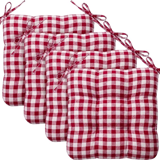 Geetery 4 Pack Chair Cushions for Dining Chairs, 16" x 15" Wine Red and White Kitchen Chair Cushions with Ties Buffalo Plaid Soft Comfy Seat Pads for Home Office Living Room Outdoor Indoor