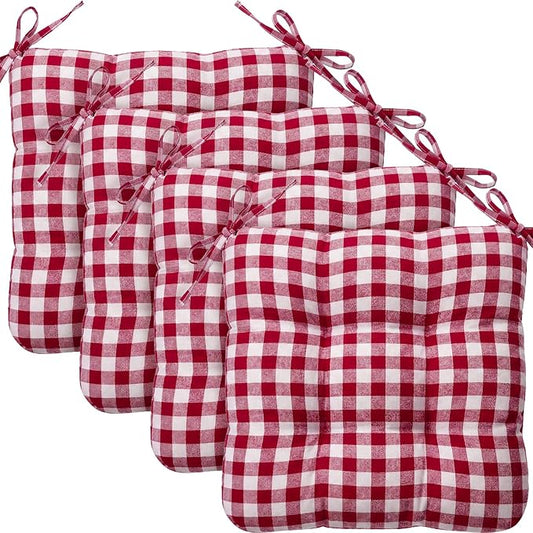Geetery 4 Pack Chair Cushions for Dining Chairs, 16" x 15" Wine Red and White Kitchen Chair Cushions with Ties Buffalo Plaid Soft Comfy Seat Pads for Home Office Living Room Outdoor Indoor