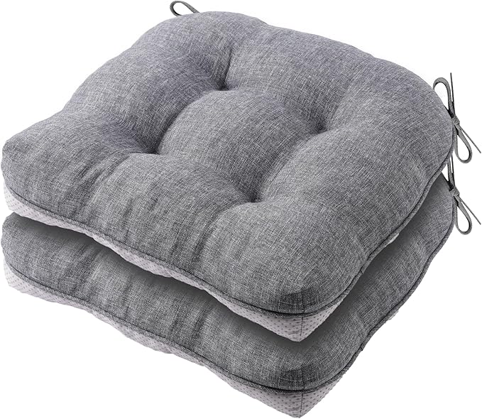 Battilo Chair Cushions Set of 2 for Dining Chairs, Seat Cushions for Kitchen Chairs with Non-Slip Backing, Indoor/Outdoor Waterproof Chair Seat Pads with Ties, 15.5"x15.5"x4", Dark Grey