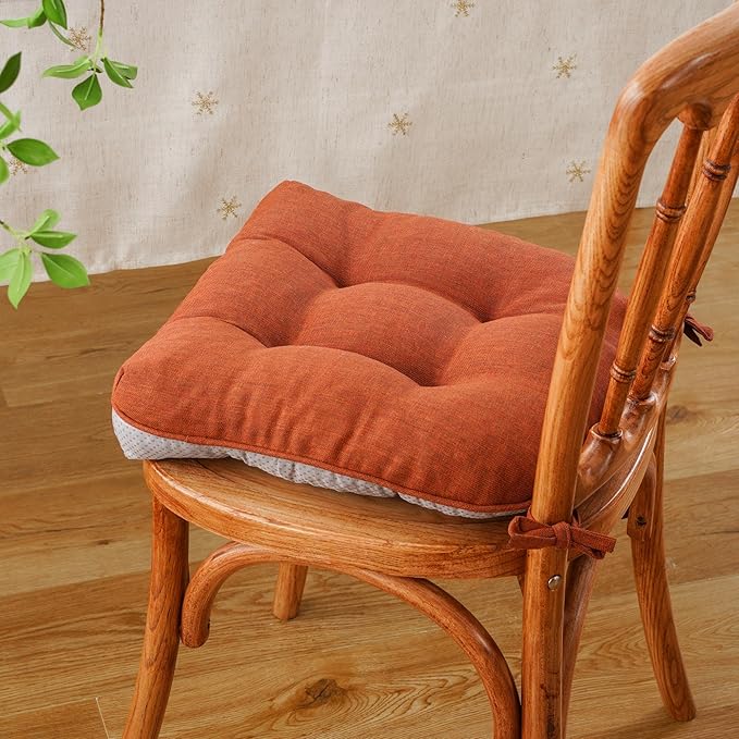 Battilo Chair Cushions Set of 4 for Dining Chairs, Seat Cushions for Kitchen Chairs with Non-Slip Backing, Indoor/Outdoor Waterproof Chair Seat Pads with Ties, 15.5"x15.5"x4", Caramel